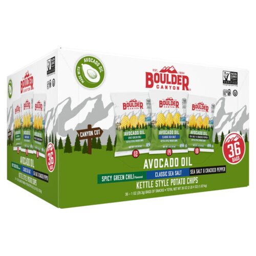 Boulder Canyon Avocado Oil Kettle Style Potato Chips, Variety Pack, 1 oz, 36 ct Boulder Canyon Avocado Oil Kettle Style Potato Chips, Variety Pack, 1 oz, 36 ct (Case)