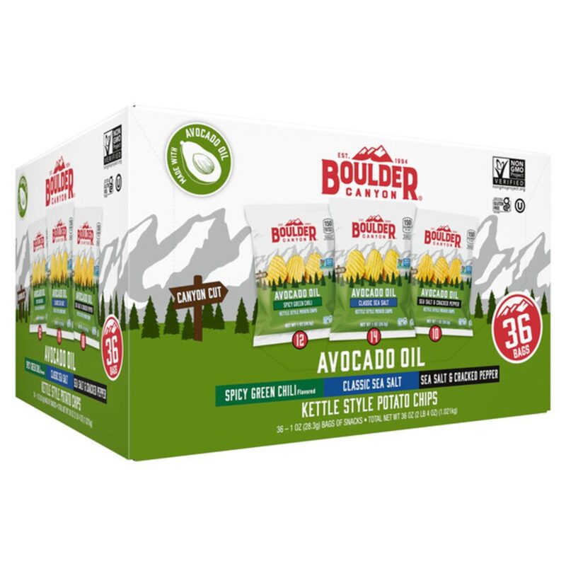 Boulder Canyon Avocado Oil Kettle Style Potato Chips, Variety Pack, 1 oz, 36 ct (Case)