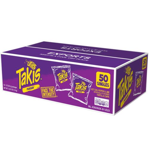 Takis Fuego Rolled Tortilla Chips, Hot Chili Pepper and Lime, 1 oz, 50 ct (Case)